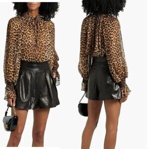 NEW Alice + Olivia Norah Ruffled Leopard Silk Chiffon Blouse Brown Size: XL